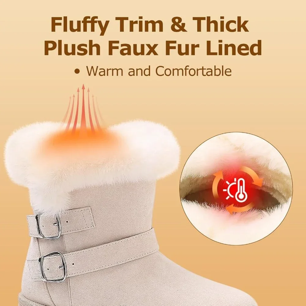 Women's Chunky Low Heel Snow Boots With Fashion Buckle Slip-On Booties Beige